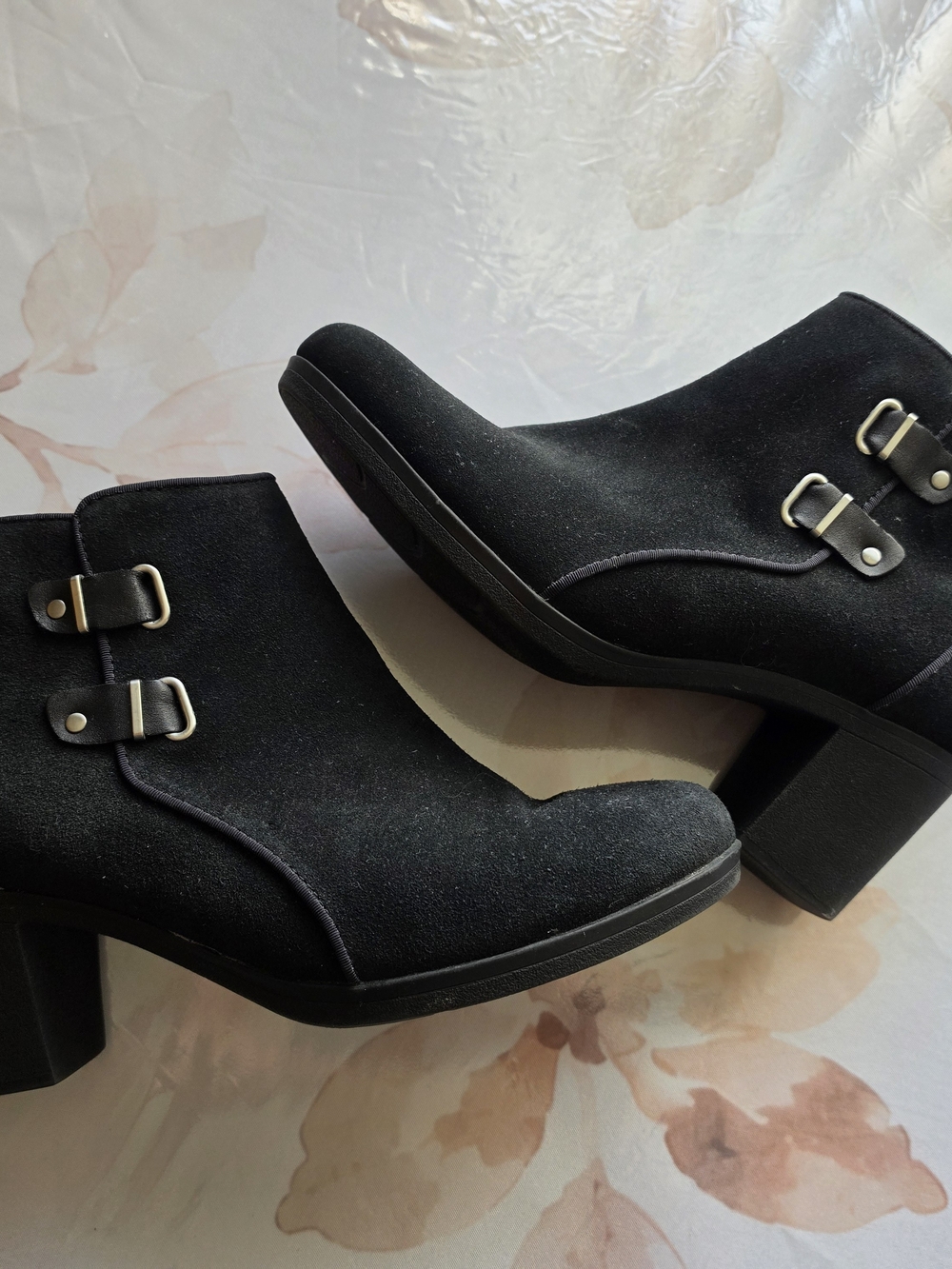 Clarks Black Suede Ankle Booties with Dual Buckle Detail Size 9 Wide